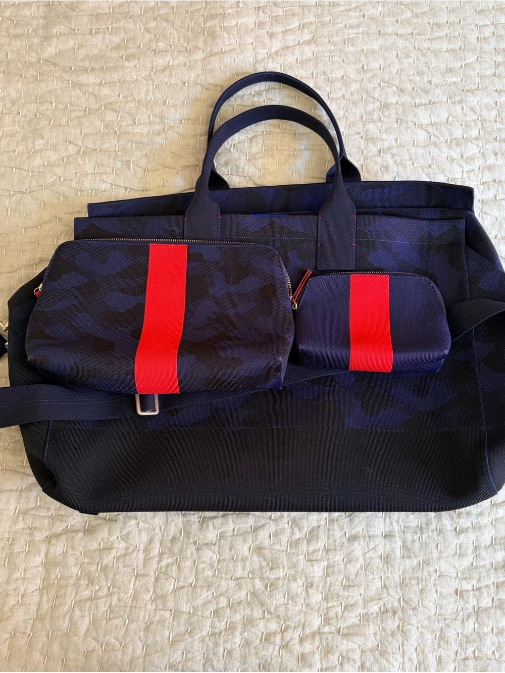Rothy's Navy Camouflage Travel Tote with Red Stripe Pouches